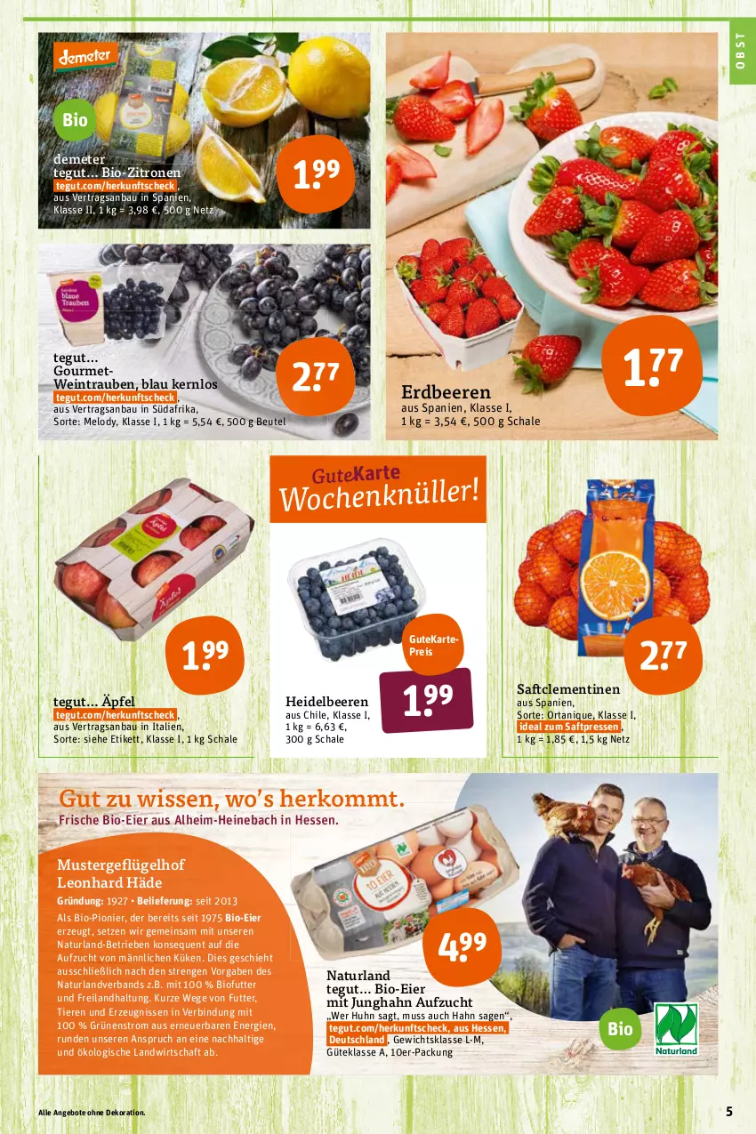 Aktueller Prospekt Tegut - Angebote der Woche - von 14.03 bis 19.03.2022 - strona 5 - produkty: angebot, angebote, Bau, beere, beeren, beutel, bio, bio-zitronen, clementinen, dekoration, eier, eis, erdbeere, erdbeeren, Geflügel, heidelbeere, heidelbeeren, natur, naturland, obst, reis, saft, Schal, Schale, Ti, Tiere, trauben, wein, zitrone, zitronen