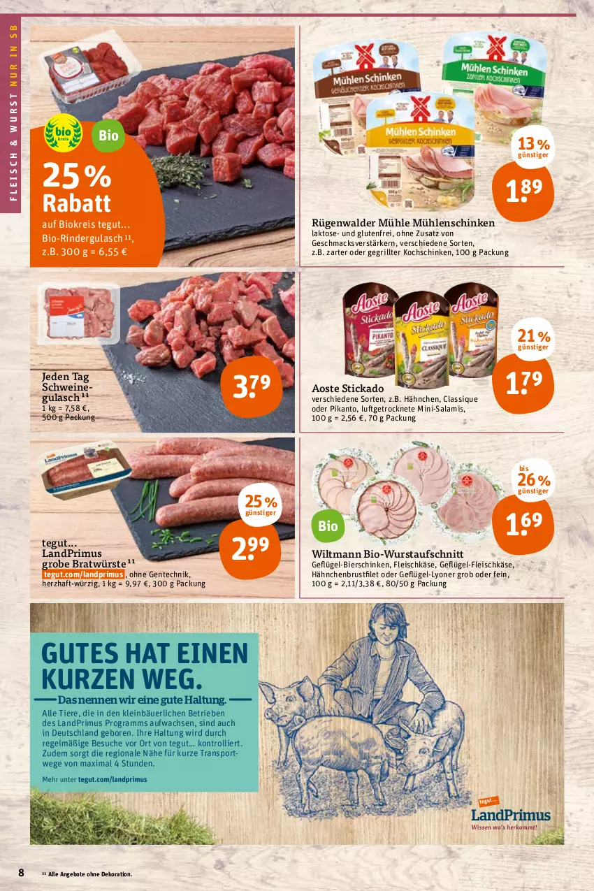 Aktueller Prospekt Tegut - Angebote der Woche - von 14.03 bis 19.03.2022 - strona 8 - produkty: angebot, angebote, aoste stickado, aufschnitt, bier, bierschinken, bio, brustfilet, dekoration, eis, ente, filet, fleisch, fleischkäse, Geflügel, grill, gulasch, hähnchenbrust, hähnchenbrustfilet, Käse, kochschinken, landprimus, lyoner, mac, Mini-Salami, reis, rind, rinder, rindergulasch, rügenwalder, rügenwalder mühle, salami, schinken, schwein, schweine, schweinegulasch, Sport, stickado, Ti, Tiere, trolli, wein, weine, wiltmann, wurst, Yo