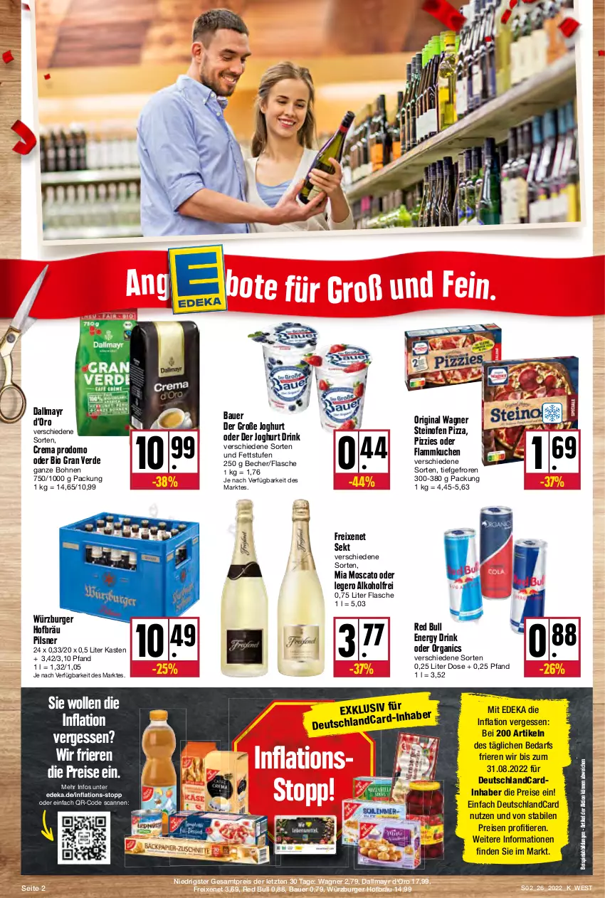 Aktueller Prospekt Kupsch - Angebote der Woche - von 27.06 bis 02.07.2022 - strona 2 - produkty: alkohol, auer, Bau, Bauer, Becher, beispielabbildung, bio, bohne, bohnen, burger, dallmayr, deka, deutschlandcard, drink, eis, energy drink, erde, flammkuchen, flasche, freixenet, gin, joghur, joghurt, kuchen, lamm, Ofen, original wagner, pils, pilsner, pizza, prodomo, red bull, reis, sekt, steinofen, steinofen pizza, Ti, Tiere, wagner, wolle, ZTE