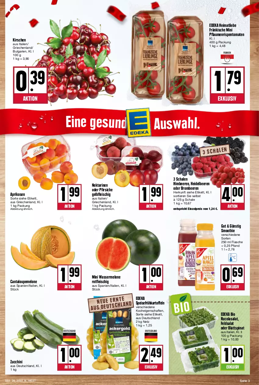 Aktueller Prospekt Kupsch - Angebote der Woche - von 27.06 bis 02.07.2022 - strona 3 - produkty: aprikose, aprikosen, beere, beeren, bio, blattspinat, brombeere, brombeeren, cola, deka, edeka bio, eis, feldsalat, flasche, fleisch, Frühkartoffeln, heidelbeere, heidelbeeren, himbeer, himbeere, himbeeren, kartoffel, kartoffeln, kirsch, kirsche, kirschen, LG, melone, Nektar, nektarinen, nektarinen oder, oder pfirsiche, pfirsich, pfirsiche, pflaume, pflaumen, reis, rispentomaten, rucola, salat, Schal, Schale, smoothie, speisefrühkartoffeln, spinat, Ti, Tiere, tomate, tomaten, wasser, wassermelone, zucchini