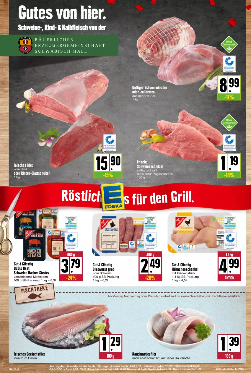 Aktueller Prospekt Kupsch - Angebote der Woche - von 27.06 bis 02.07.2022 - strona 4 - produkty: braten, bratwurst, eis, Falsches Filet, filet, fisch, fischtheke, fleisch, grill, hähnchenschenkel, henkel, ideal zum grillen, Kalbfleisch, lachs, lachsfilet, marinade, matjes, Matjesfilet, Meister, Rauch, reis, rind, rinder, rollbraten, saft, schenkel, schnitten, schnitzel, schwein, schweine, schweinebraten, schweineschnitzel, seelachsfilet, steak, steaks, Ti, wein, weine, wurst, ZTE