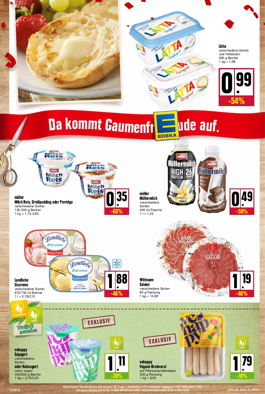 Aktueller Prospekt Kupsch - Angebote der Woche - von 27.06 bis 02.07.2022 - strona 6 - produkty: Becher, bratwurst, creme, eis, eiscreme, flasche, Grießpudding, kokos, landliebe, landliebe eiscreme, lätta, milch, milchreis, Müller, müllermilch, natur, pflanze, pflanzen, porridge, pudding, reis, salami, soja, Vegeta, wiltmann, wurst, ZTE