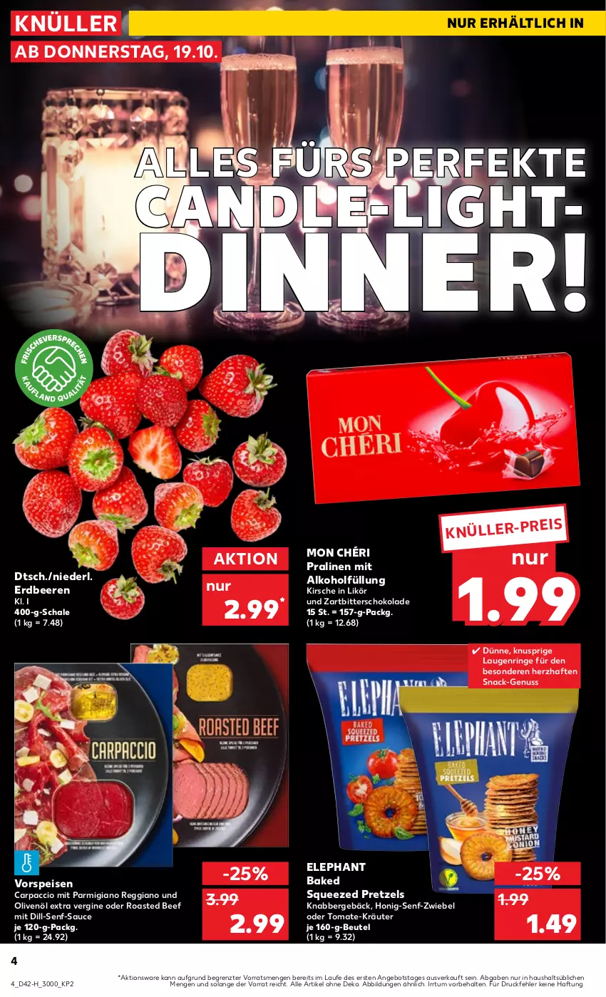 Aktueller Prospekt Kaufland - Extra-Angebote - von 19.10 bis 25.10.2023 - strona 4 - produkty: ACC, alkohol, angebot, beef, beere, beeren, beutel, Carpaccio, eis, erdbeere, erdbeeren, gin, honig, Honig-Senf, kirsch, kirsche, kräuter, likör, Mon Chéri, nuss, olive, oliven, olivenöl, olivenöl extra, parmigiano, parmigiano reggiano, pralinen, Pretzel, reggiano, ring, sauce, Schal, Schale, schoko, schokolade, senf, snack, Ti, tomate, vorspeise, Zartbitterschokolade, ZTE, zwiebel