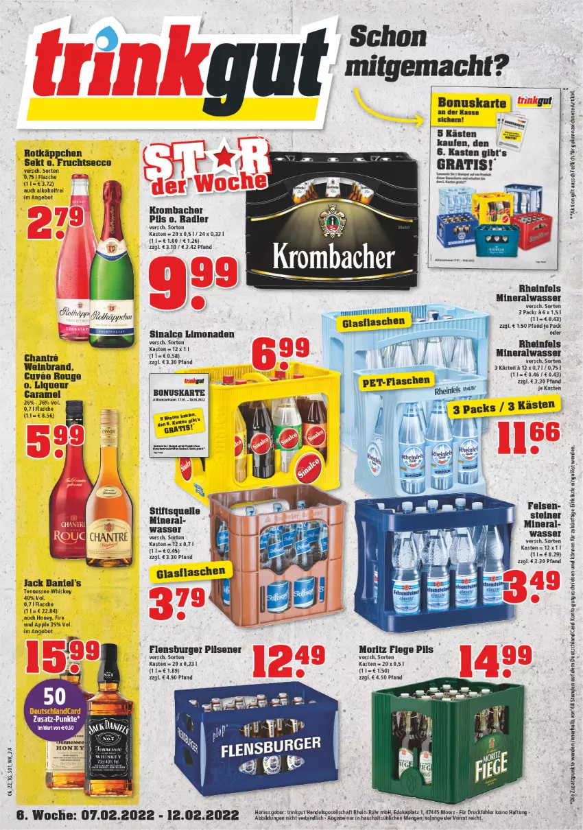 Aktueller Prospekt Trinkgut - von 07.02 bis 12.02.2022 - strona 1 - produkty: alkohol, Alwa, angebot, Apple, burger, caramel, deka, deutschlandcard, ecco, eis, elle, erde, flasche, flensburger, frucht, fruchtsecco, jack daniel, jack daniel's, krombache, krombacher, krombacher pils, limo, limonade, limonaden, liqueur, mac, mineralwasser, pils, pilsener, radler, rotkäppchen, rouge, sekt, sinalco, tennessee whiskey, Ti, uhr, wasser, wein, weinbrand, whiskey