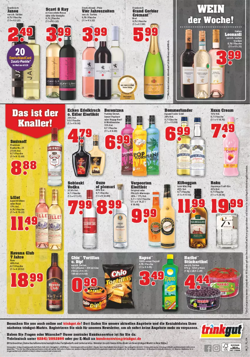 Aktueller Prospekt Trinkgut - von 07.02 bis 12.02.2022 - strona 4 - produkty: angebot, angebote, aqua, aquavit, berentzen, beutel, bier, deutschlandcard, Donut, eier, eierlikör, eis, elle, erde, flasche, gin, haribo, Havana Club, kilbeggan, kirsch, korn, lieferservice, likör, lillet, maracuja, Meister, merl, ndk, pfirsich, rapso, rapsöl, reines rapsöl, smirnoff, telefon, Ti, tortilla, tortillas, verpoorten, vodka, waldmeister