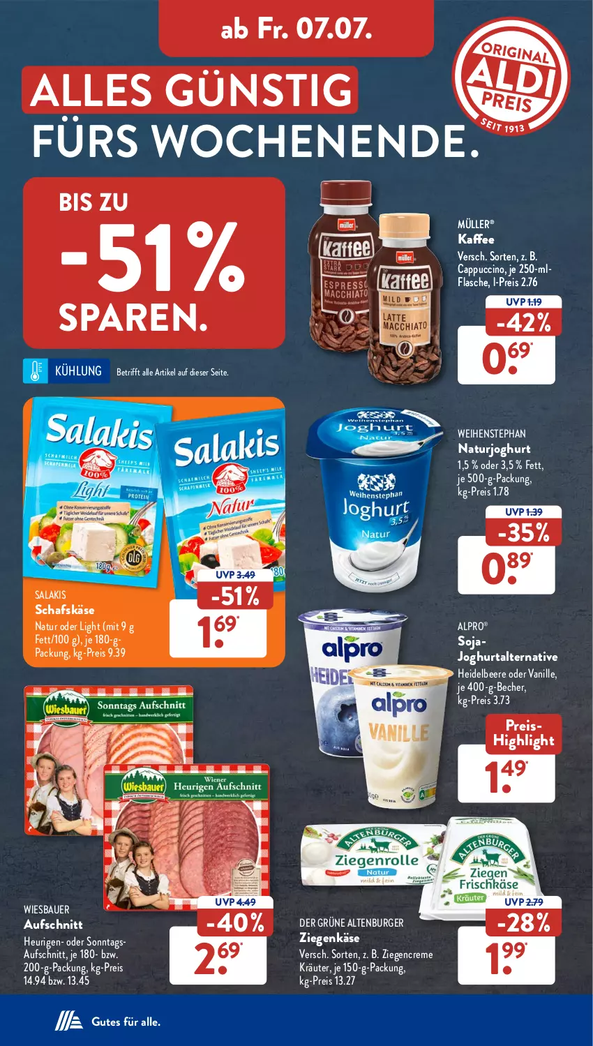 Aktueller Prospekt AldiSud - NÄCHSTE WOCHE - von 03.07 bis 08.07.2023 - strona 27 - produkty: alpro, altenburger, auer, aufschnitt, Bau, Bauer, Becher, beere, burger, Cap, cappuccino, cin, creme, eis, flasche, heidelbeere, Heu, joghur, joghurt, kaffee, Käse, kräuter, Müller, natur, naturjoghurt, reis, salakis, schafskäse, soja, Sojajoghurt, Ti, vanille, weihenstephan, wiesbauer, ziegenkäse