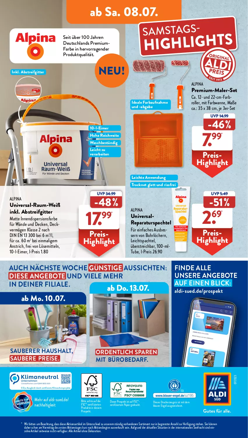 Aktueller Prospekt AldiSud - NÄCHSTE WOCHE - von 03.07 bis 08.07.2023 - strona 35 - produkty: aldi, alle artikel ohne dekoration, alpina, angebot, angebote, Bau, decke, dekoration, drucker, eimer, eis, elle, Engel, Farbroller, gin, kerze, papier, reis, Roller, spachtel, Ti, usb, Wanne, ZTE