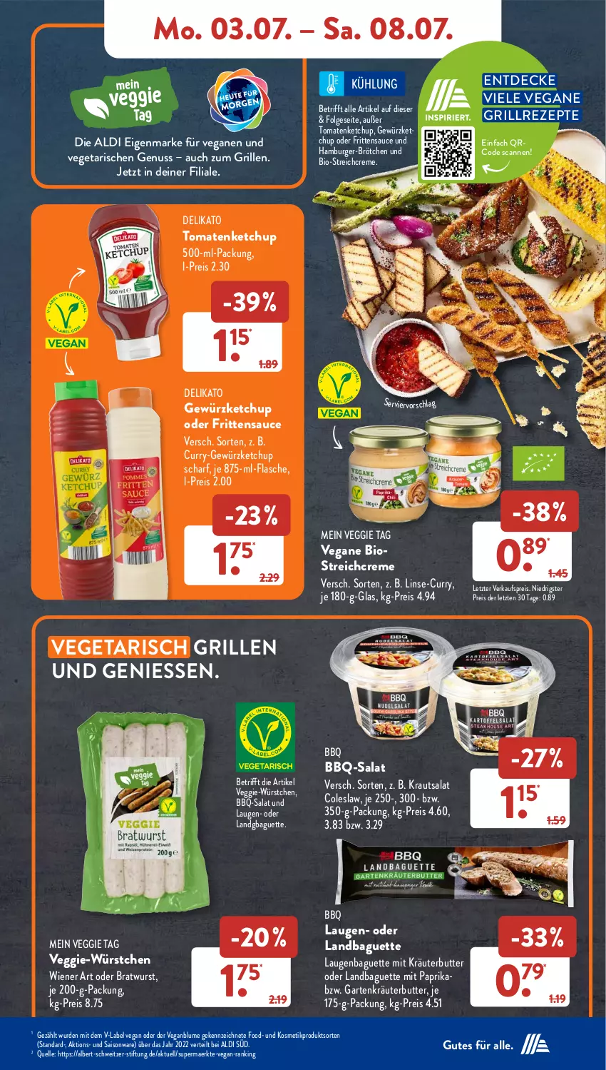 Aktueller Prospekt AldiSud - NÄCHSTE WOCHE - von 03.07 bis 08.07.2023 - strona 9 - produkty: aldi, baguette, bio, blume, bratwurst, brötchen, burger, butter, Coleslaw, creme, curry, decke, eis, elle, flasche, Garten, gewürz, gewürzketchup, grill, hamburger, ketchup, kosmetik, Kraut, kräuter, kräuterbutter, krautsalat, LG, mit paprika, nuss, paprika, reis, rezept, rezepte, salat, sauce, Ti, tomate, tomaten, tomatenketchup, Vegeta, veggie, wiener, wurst, würstchen, ZTE