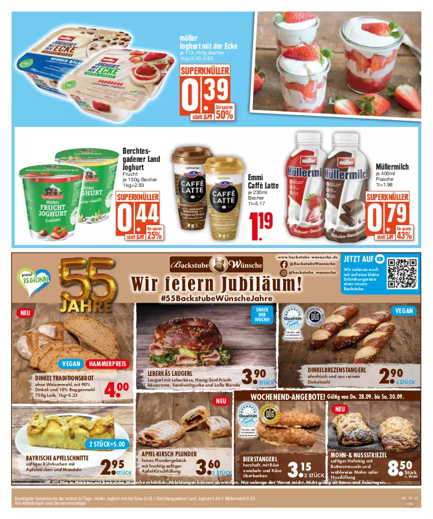 Aktueller Prospekt E Center - Angebote der Woche - von 25.09 bis 30.09.2023 - strona 5 - produkty: angebot, angebote, apfel, Becher, bier, bio, brot, butter, caffè latte, creme, dinkelmehl, eier, eis, emmi, flasche, frischkäse, frucht, gurke, Hefe, honig, Honig-Senf, joghur, joghurt, joghurt mit der ecke, Käse, kirsch, kuchen, latte, leberkäs, leberkäse, leine, mandel, mandeln, mehl, milch, mit frucht, mit röstzwiebeln, Müller, müllermilch, nuss, Ofen, Plunder, reis, röstzwiebeln, saft, sandwich, senf, stube, Ti, weizenmehl, ZTE, zwiebel, zwiebeln