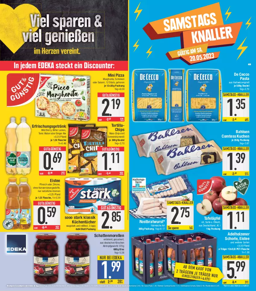 Aktueller Prospekt E Center - Angebote der Woche - von 15.05 bis 20.05.2023 - strona 19 - produkty: adelholzener, bahlsen, beutel, bitter lemon, blume, blumen, blumenöl, bratwurst, chips, comtess, comtess kuchen, De Cecco, deka, discount, ecco, eis, eistee, elle, erde, erfrischungsgetränk, flasche, getränk, gin, ginger, ginger ale, hartweizen, Holz, kirsch, kirsche, kirschen, küche, kuchen, Küchen, küchentücher, mais, margherita, morellen, pasta, pet-flasche, pfirsich, pizza, reis, rel, rostbratwurst, salami, schattenmorellen, schinken, schorle, sonnenblume, sonnenblumen, sonnenblumenöl, tafeläpfel, tee, Ti, tonic, tonic water, tortilla, tücher, Wild, wild berry, wurst, zitrone, ZTE, zucker