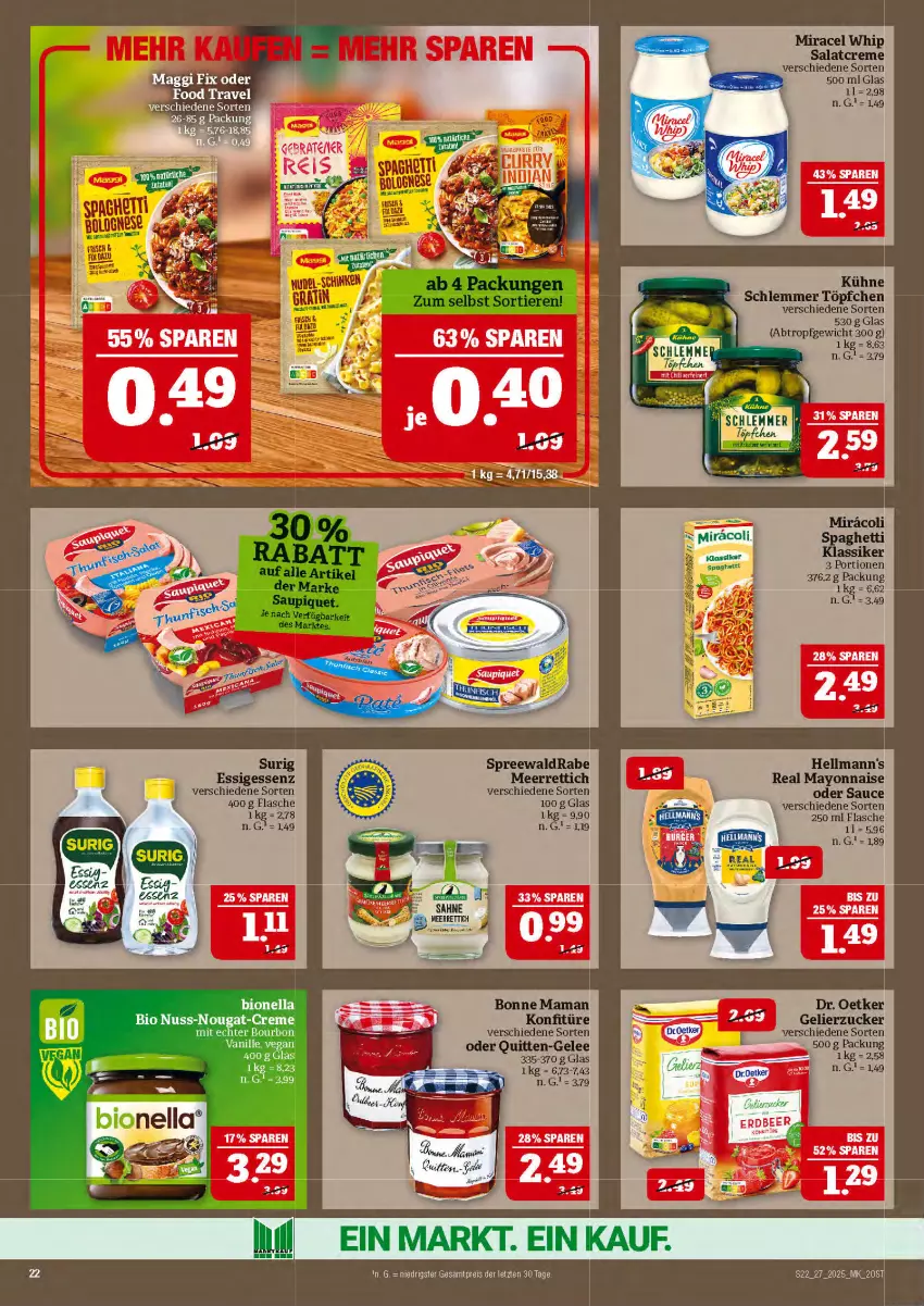 Aktueller Prospekt Marktkauf - Prospekt - von 29.06 bis 05.07.2025 - strona 22 - produkty: bio, bonne maman, bourbon, creme, eis, essig, flasche, gelee, gelierzucker, Hellmann's, konfitüre, Kühne, mam, mayonnaise, meerrettich, miracel, miracel whip, nuss, nuss-nougat-creme, reis, Rettich, salat, salatcreme, sauce, spaghetti, Ti, Töpfchen, Yo, ZTE, zucker