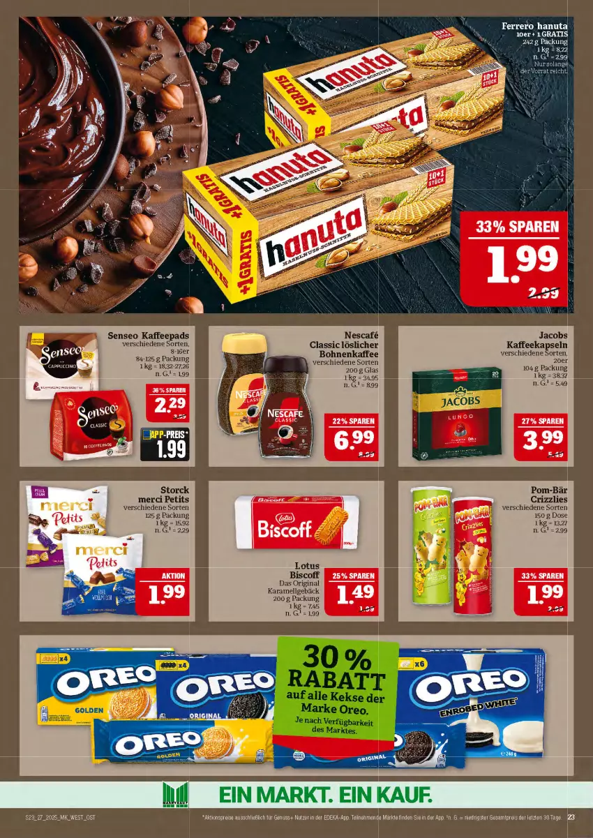 Aktueller Prospekt Marktkauf - Prospekt - von 29.06 bis 05.07.2025 - strona 23 - produkty: aktionspreis, bohne, bohnen, bohnenkaffee, deka, eis, ferrero, gin, hanuta, kaffee, kaffeekapseln, kaffeepads, karamell, LG, löslicher bohnenkaffee, merci, nescafe, nuss, pom-bär, reis, senseo, storck, Ti, ZTE