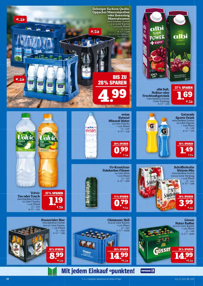 Aktueller Prospekt Marktkauf - Prospekt - von 29.06 bis 05.07.2025 - strona 24 - produkty: Alwa, bier, burger, drink, elle, flasche, frucht, fruchtsaft, fruchtsaftgetränk, getränk, gösser, hasseröder, mineralwasser, natur, natur radler, natura, Nektar, pils, pilsner, radler, sac, saft, schöfferhofer, Sport, tee, Ti, volvic, wasser