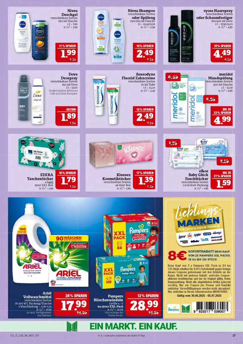 Aktueller Prospekt Marktkauf - Prospekt - von 29.06 bis 05.07.2025 - strona 27 - produkty: coupon, coupons, creme, deka, deo, deospray, dove, duschgel, eier, eis, elkos, erde, feuchttücher, flasche, gin, haarspray, kosmetik, Kosmetiktücher, meridol, mundspülung, nivea, oder schaumfestiger, pampers, reis, schaumfestiger, sensodyne, sensodyne fluorid, shampoo, sofortrabatt, spülung, syoss, Tasche, taschen, taschentücher, tee, Ti, tücher, vollwaschmittel, waschmittel, windeln, Yo, zahncreme, ZTE
