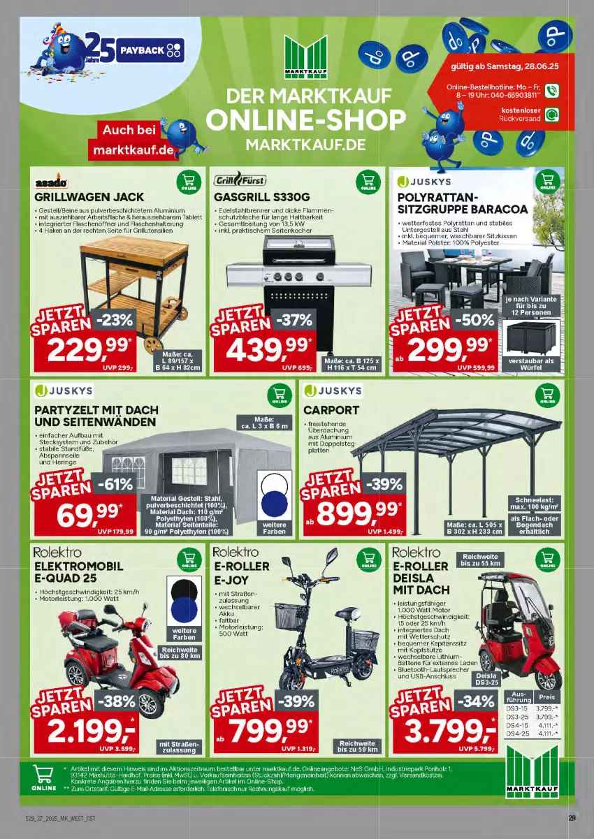 Aktueller Prospekt Marktkauf - Prospekt - von 29.06 bis 05.07.2025 - strona 29 - produkty: batterie, Bau, bluetooth-lautsprecher, Carport, E-Roller, edelstahl, eis, Elektro, flasche, flaschenöffner, gasgrill, grill, hering, kissen, Kocher, kopfstütze, lamm, latte, lautsprecher, quad, reis, Ria, ring, Roller, sitzkissen, tablet, tablett, Ti, tisch, uhr, usb, Zelt