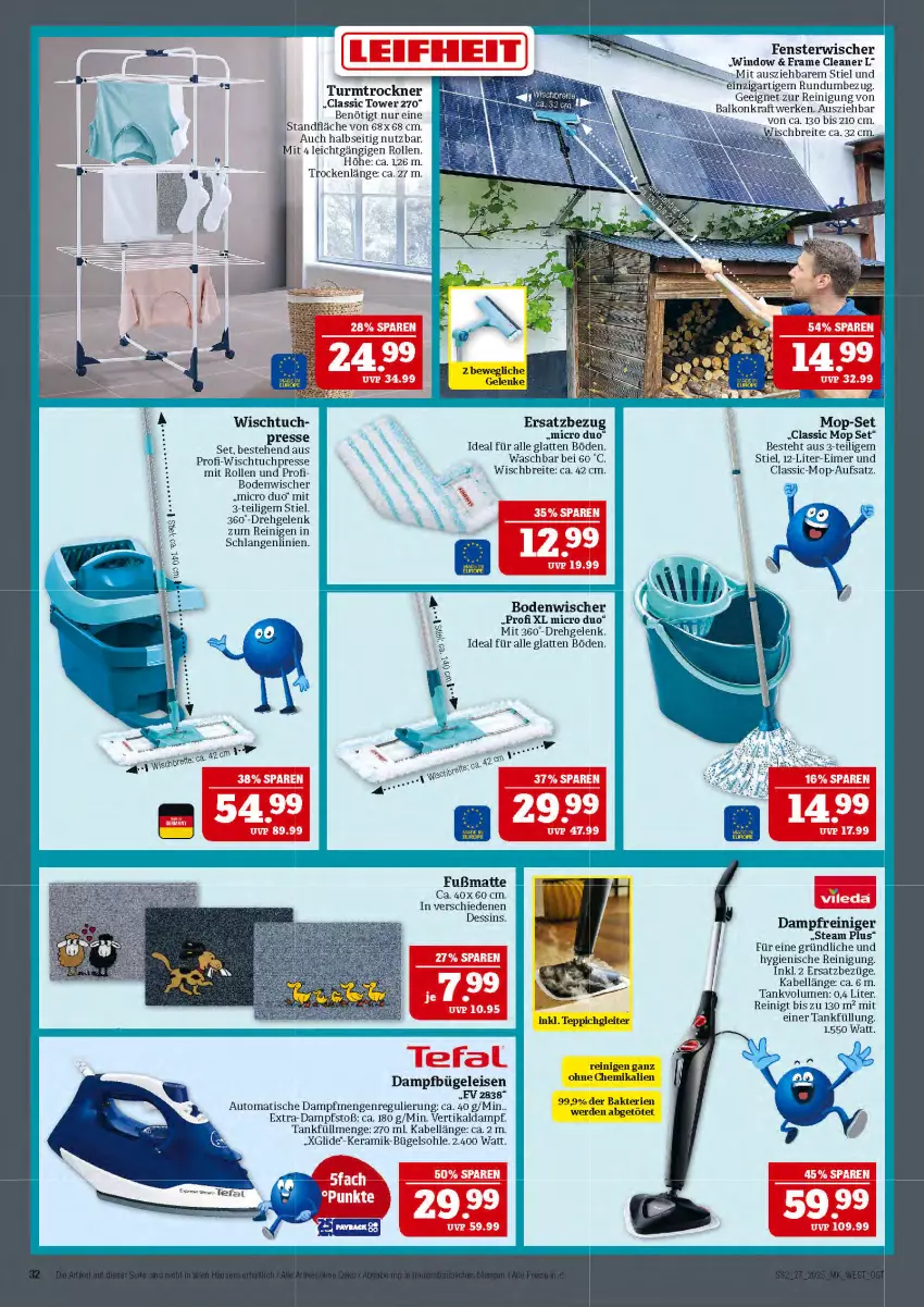 Aktueller Prospekt Marktkauf - Prospekt - von 29.06 bis 05.07.2025 - strona 32 - produkty: auto, bodenwischer, Brei, bügel, dampfreiniger, eimer, eis, fenster, Fußmatte, HP, kraft, latte, reiniger, Reinigung, tefal, teppich, Ti, tisch, tuc, Wischtuchpresse