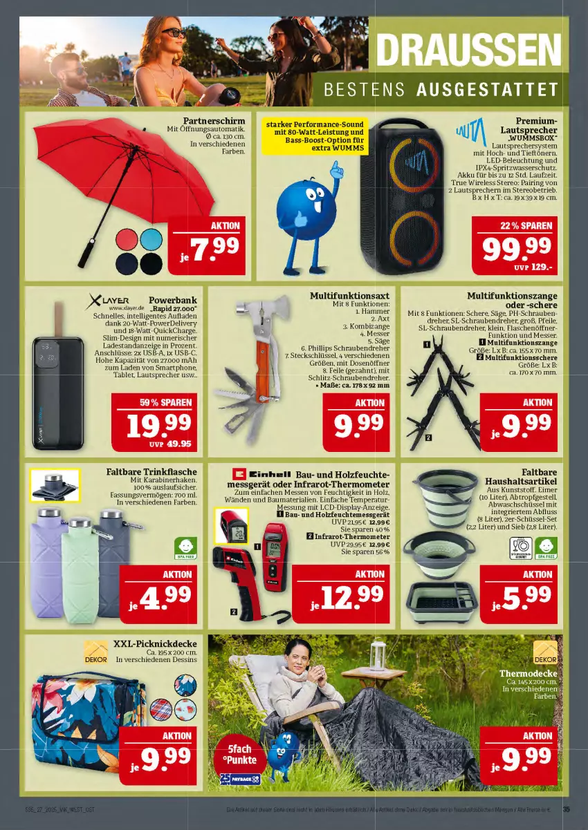 Aktueller Prospekt Marktkauf - Prospekt - von 29.06 bis 05.07.2025 - strona 35 - produkty: akku, auto, Bank, Bau, beleuchtung, decke, Dosenöffner, eimer, einhell, eis, elle, ente, erde, flasche, flaschenöffner, Holz, Intel, Kombizange, lautsprecher, led-beleuchtung, messer, picknickdecke, powerbank, rel, Ria, ring, säge, Schere, schrauben, Schraubendreher, schüssel, smartphone, tablet, thermometer, Ti, trinkflasche, usb, wasser