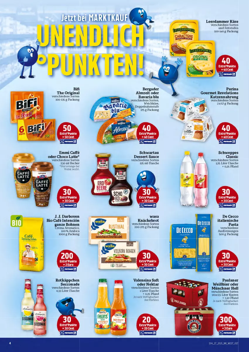 Aktueller Prospekt Marktkauf - Prospekt - von 29.06 bis 05.07.2025 - strona 4 - produkty: bavaria blu, Becher, bergader, bier, bifi, bio, bohne, bohnen, Brei, brot, caffe, darbo, darboven, De Cecco, dessert, doppelrahmstufe, ecco, elle, emmi, flasche, gin, italienische pasta, Käse, katzennahrung, knäckebrot, korn, latte, leerdammer, Nektar, pasta, Paula, paulaner, purina, Ria, rotkäppchen, sauce, Schwartau, schweppes, Ti, valensina, wasa, weichkäse