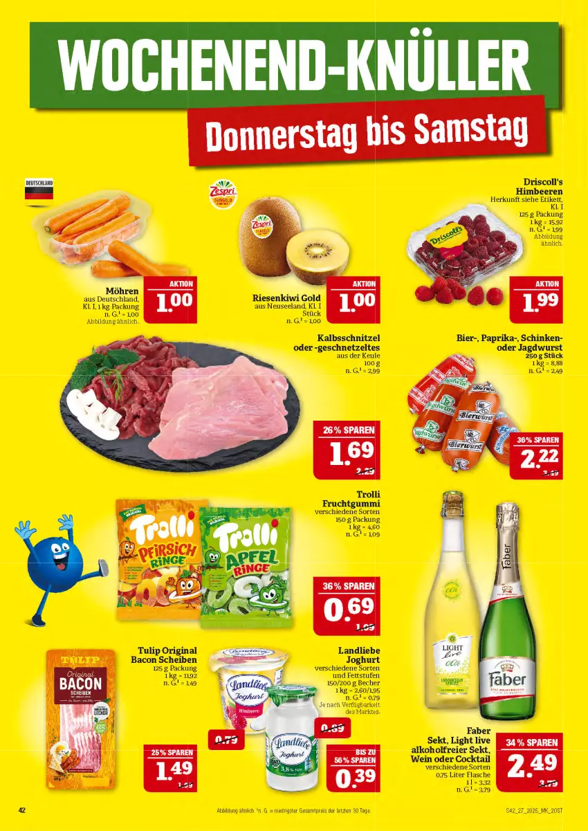 Aktueller Prospekt Marktkauf - Prospekt - von 29.06 bis 05.07.2025 - strona 42 - produkty: alkohol, bacon, Becher, beere, beeren, bier, cocktail, driscoll's, eier, eis, flasche, frucht, fruchtgummi, geschnetzeltes, gin, himbeer, himbeere, himbeeren, jagdwurst, joghur, joghurt, kalbsschnitzel, landliebe, landliebe joghurt, paprika, reis, schinken, schnitzel, sekt, Ti, trolli, trolli fruchtgummi, tulip, wein, wurst, Zelt, ZTE
