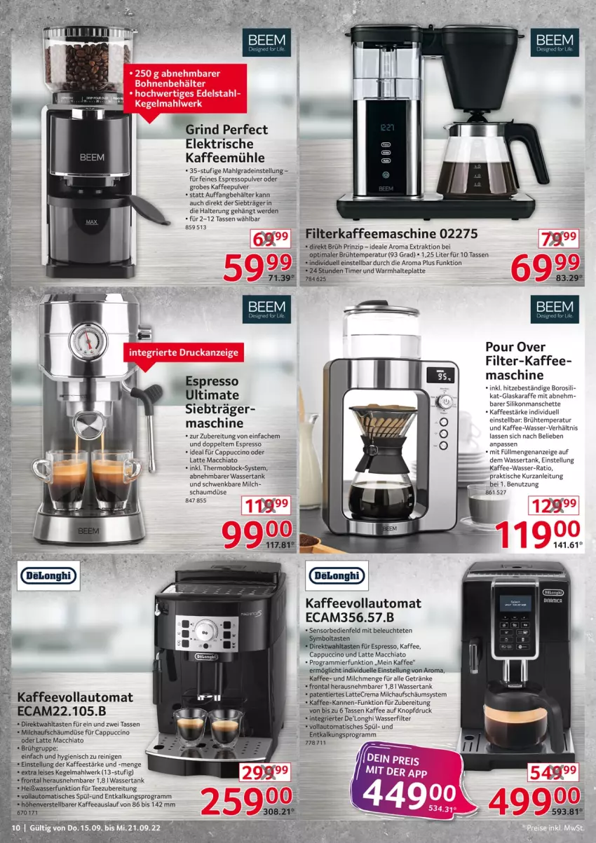 Aktueller Prospekt Selgros - Nonfood - von 15.09 bis 21.09.2022 - strona 10 - produkty: ACC, auto, Behälter, Cap, cappuccino, chia, cin, delonghi, eis, elle, erde, espresso, filterkaffee, getränk, getränke, glaskaraffe, kaffee, kaffeemaschine, Kaffeemühle, kaffeevollautomat, Karaffe, latte, latte macchiato, Leuchte, LG, mac, macchiato, milch, tasse, tee, Ti, timer, tisch, wasser, wasserfilter, wassertank