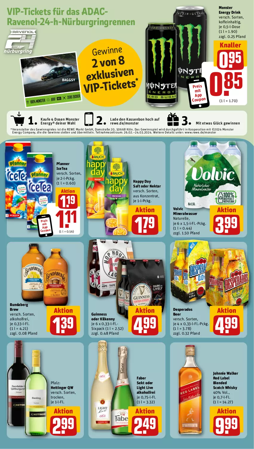 Aktueller Prospekt Rewe - Prospekte - von 26.02 bis 02.03.2024 - strona 11 - produkty: alkohol, Alwa, blended scotch, blended scotch whisky, Bundaberg, coupon, desperados, drink, eis, elle, energy drink, gewinnspiel, Guinness, Happy Day, johnnie walker, Kilkenny, mineralwasser, monster, Monster Energy, natur, Nektar, pfanne, Pfanner, reis, rel, ring, saft, scotch, scotch whisky, sekt, Spiele, Ti, volvic, wasser, whisky