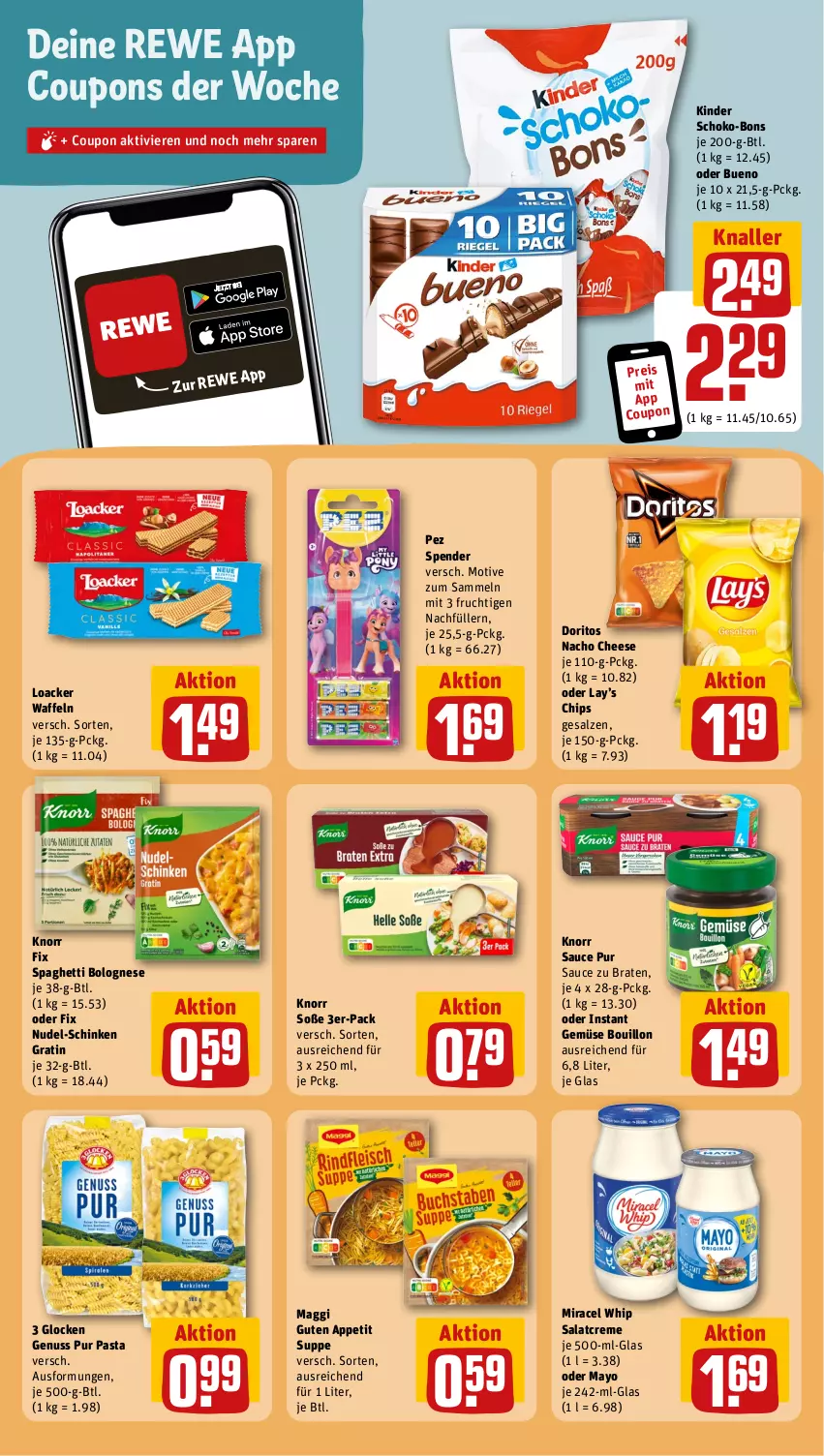 Aktueller Prospekt Rewe - Prospekte - von 26.02 bis 02.03.2024 - strona 12 - produkty: bolognese, braten, chips, coupon, coupons, creme, Doritos, eis, frucht, Kinder, knorr, knorr fix, maggi, miracel, miracel whip, nacho, nacho cheese, nudel, nuss, pasta, reis, salat, salatcreme, salz, sauce, schinken, schoko, schoko-bons, Soße, spaghetti, spaghetti bolognese, suppe, Ti, waffeln, Yo