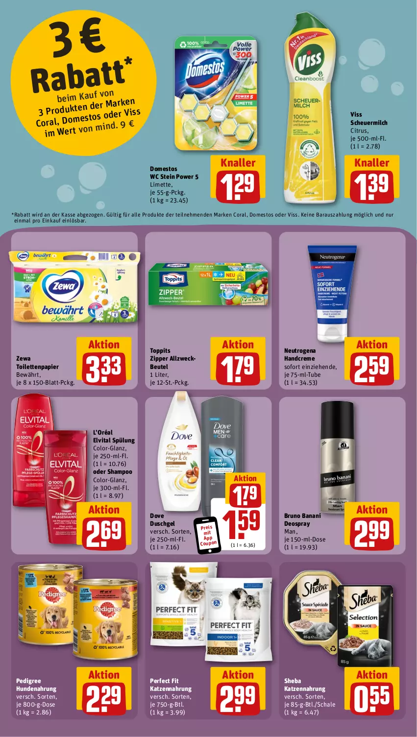 Aktueller Prospekt Rewe - Prospekte - von 26.02 bis 02.03.2024 - strona 15 - produkty: Allzweckbeutel, beutel, bruno banani, citrus, Coral, coupon, creme, deo, deospray, domestos, dove, duschgel, eis, elvital, handcreme, Heu, hundenahrung, katzennahrung, limette, Mett, milch, neutrogena, papier, pedigree, Perfect Fit, reis, Schal, Schale, scheuermilch, shampoo, sheba, spülung, Ti, toilettenpapier, toppits, vita, weck, zewa, zipper