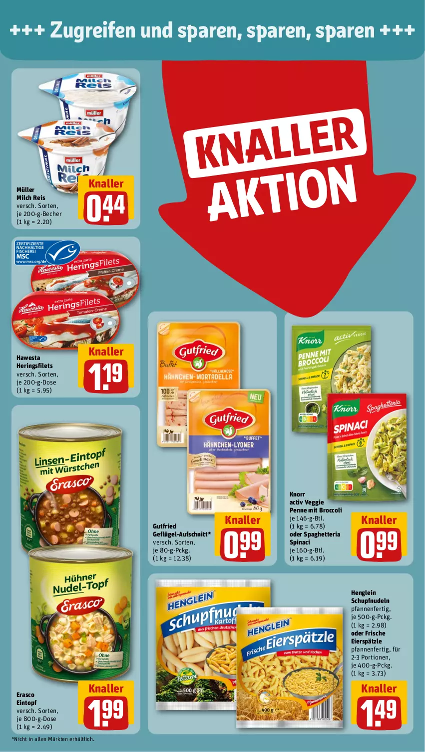 Aktueller Prospekt Rewe - Prospekte - von 26.02 bis 02.03.2024 - strona 4 - produkty: aufschnitt, Becher, broccoli, eier, eierspätzle, eintopf, eis, erasco, filet, filets, Geflügel, gutfried, hawesta, henglein, hering, Herings, heringsfilets, knorr, milch, Müller, nudel, nudeln, penne, pfanne, pfannen, reifen, reis, Ria, ring, Ti, topf, veggie