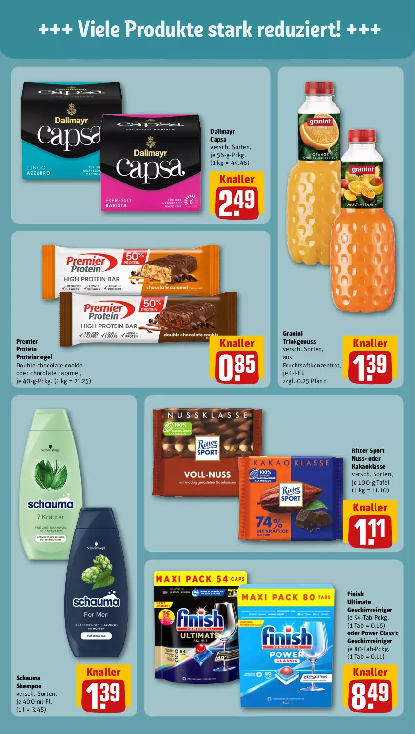 Aktueller Prospekt Rewe - Prospekte - von 26.02 bis 02.03.2024 - strona 5 - produkty: Cap, caramel, cola, cookie, dallmayr, dallmayr capsa, Finish, frucht, fruchtsaft, geschirr, granini, kakao, nuss, reiniger, riegel, ritter, ritter sport, saft, schauma, schauma shampoo, shampoo, Sport, Ti