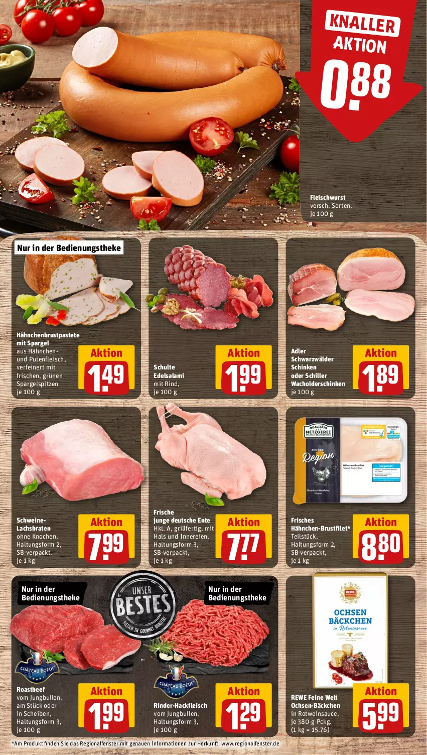 Aktueller Prospekt Rewe - Prospekte - von 26.02 bis 02.03.2024 - strona 8 - produkty: beef, braten, brustfilet, Edelsalami, eis, ente, fenster, filet, fleisch, fleischwurst, grill, hackfleisch, hähnchen-brustfilet, hähnchenbrust, jungbullen, lachs, Lachsbraten, pastete, pute, Putenfleisch, rewe feine welt, rind, rinder, rinder-hackfleisch, roastbeef, rotwein, salami, sauce, schinken, schwarzwälder schinken, schwein, schweine, Schweinelachs, spargel, Ti, wein, weine, wurst