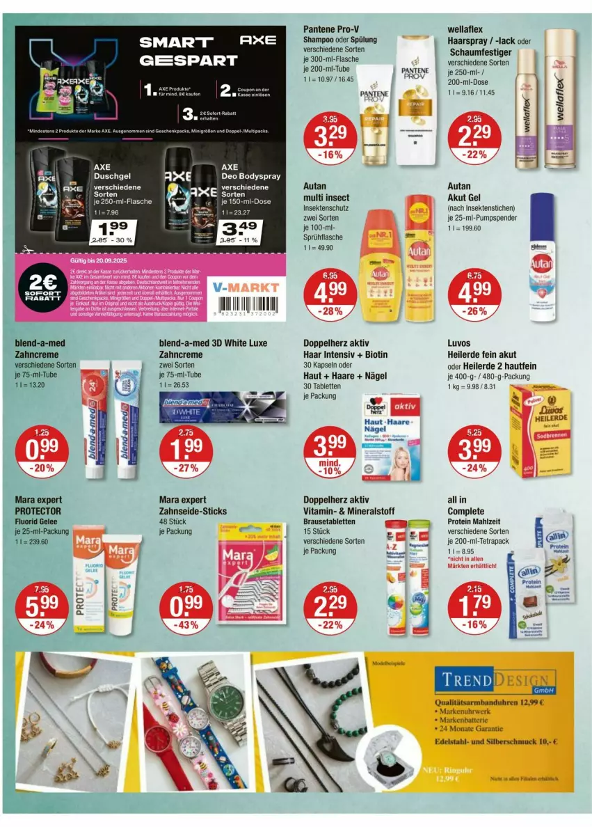 Aktueller Prospekt Vmarkt - Prospekte - von 28.08 bis 03.09.2025 - strona 10 - produkty: Armband, Armbanduhr, Autan, axe, batterie, bio, blend-a-med, body, bodyspray, brause, Brausetabletten, creme, doppelherz, edelstahl, erde, flasche, gelee, haarspray, insektenschutz, lack, pantene, pantene pro-v, pro-v, rwe, sahne, schaumfestiger, Schmuck, sekt, shampoo, shampoo oder spülung, sprühflasche, spülung, tablet, tablett, Tablette, tee, Ti, uhr, vita, Wella, wellaflex, zahncreme, Zahnseide