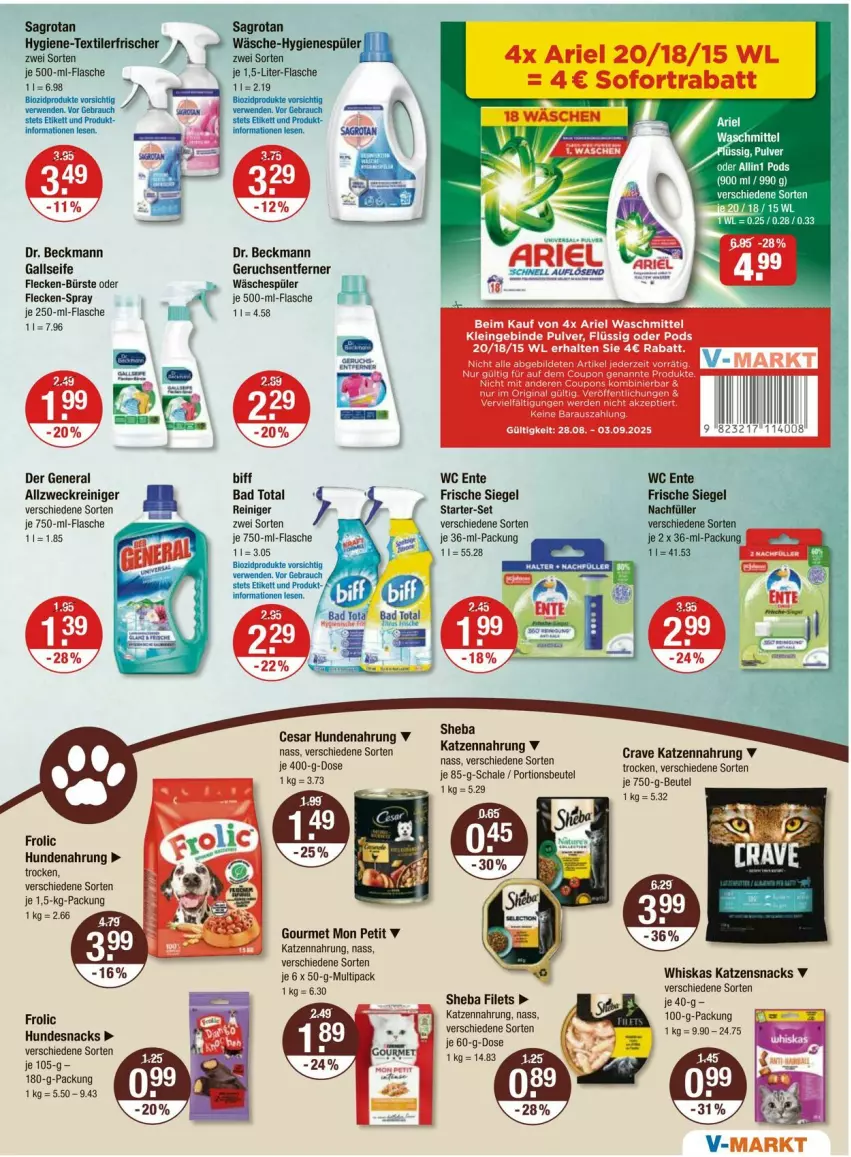 Aktueller Prospekt Vmarkt - Prospekte - von 28.08 bis 03.09.2025 - strona 11 - produkty: allzweckreiniger, ariel, ariel waschmittel, Bad, beutel, biff, bürste, Dr. Beckmann, ente, filet, filets, fisch, fische, Fischer, flasche, frolic, hundenahrung, hundesnack, hundesnacks, katzennahrung, katzensnack, katzensnacks, Rauch, reiniger, rwe, sagrotan, Schal, Schale, Seife, sheba, snack, snacks, Ti, waschmittel, weck, whiskas
