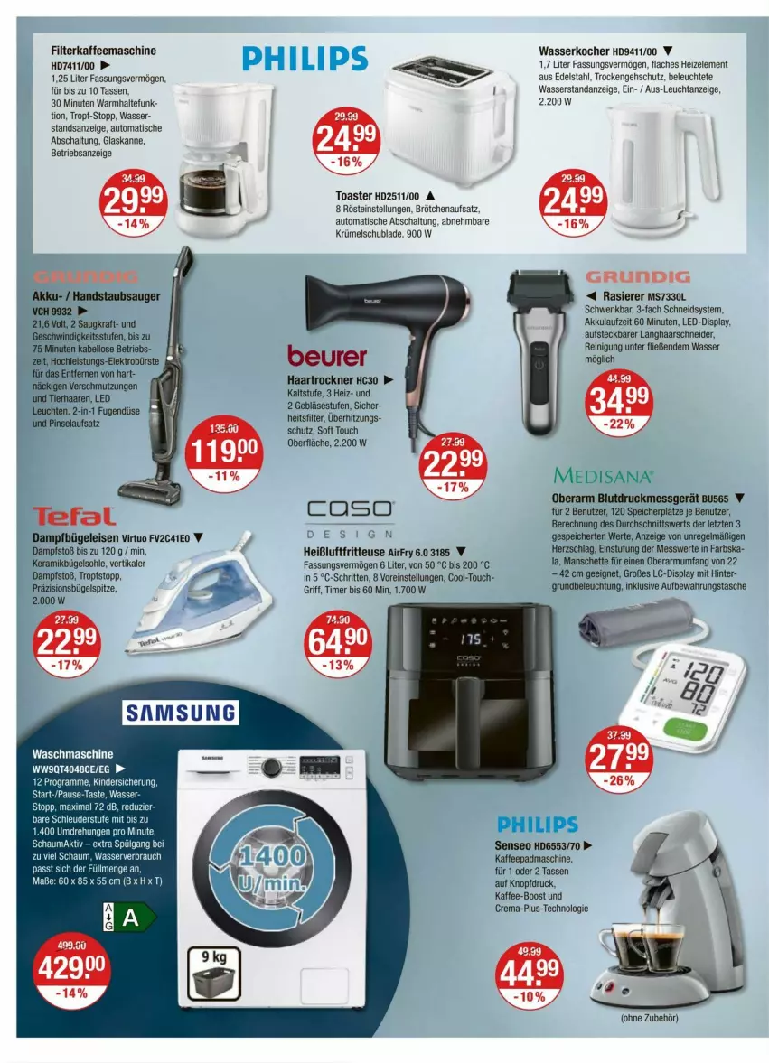 Aktueller Prospekt Vmarkt - Prospekte - von 28.08 bis 03.09.2025 - strona 14 - produkty: akku, aufbewahrungstasche, auto, beleuchtung, beurer, brötchen, brötchenaufsatz, bügel, Bügeleisen, dampfbügeleisen, edelstahl, eis, filterkaffee, fritteuse, grundig, haarschneider, haartrockner, Heißluftfritteuse, kaffee, kaffeemaschine, Kinder, Kocher, Leuchte, LG, rasierer, Rauch, Reinigung, Schal, senseo, Tasche, tasse, tee, tefal, Ti, timer, tisch, toast, toaster, Trockner, waschmaschine, wasser, wasserkocher, ZTE
