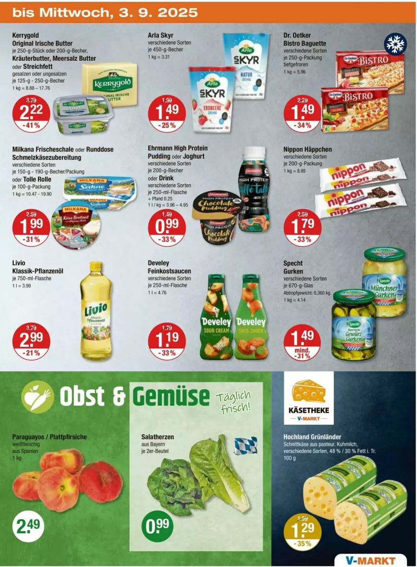 Aktueller Prospekt Vmarkt - Prospekte - von 28.08 bis 03.09.2025 - strona 19 - produkty: arla, arla skyr, Becher, beutel, butter, develey, drink, ehrmann, feinkost, flasche, gin, grünländer, hochland, irische butter, joghur, joghurt, Käse, käsetheke, kerrygold, kräuter, kräuterbutter, meersalz, milch, milka, milkana, nippon, pflanze, pflanzen, Pflanzenöl, pudding, salat, salatherzen, salz, sauce, saucen, Schal, Schale, Schmelzkäse, schmelzkäsezubereitung, schnittkäse, Skyr
