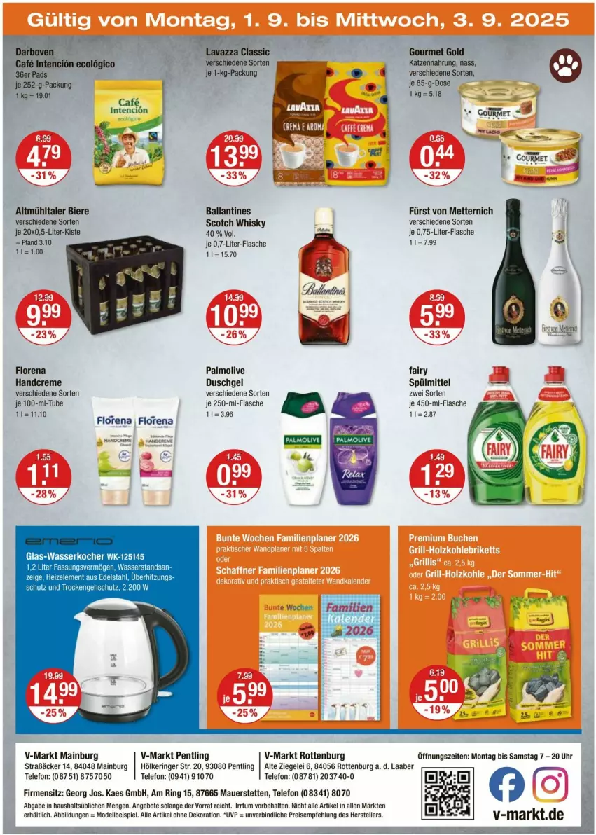 Aktueller Prospekt Vmarkt - Prospekte - von 28.08 bis 03.09.2025 - strona 20 - produkty: alle artikel ohne dekoration, angebot, angebote, auer, ball, bier, Biere, creme, dekoration, dell, duschgel, edelstahl, eis, elle, fairy, flasche, fürst von metternich, glas-wasserkocher, gourmet gold, handcreme, kaes, katzennahrung, Kocher, Mett, metternich, Mode, olive, palmolive, reis, ring, scotch, scotch whisky, spülmittel, telefon, teller, Ti, uhr, wasser, wasserkocher, whisky