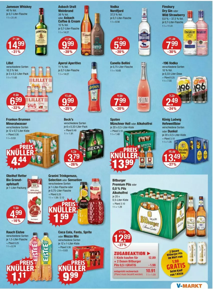 Aktueller Prospekt Vmarkt - Prospekte - von 28.08 bis 03.09.2025 - strona 9 - produkty: alkohol, Alwa, aperol, apfel, apfelsaft, beck's, bier, bio, bitburger, brunnen, burger, cola, dry gin, eis, eistee, erde, fanta, finsbury, flasche, franken brunnen, gin, grana, granini, Hefe, jameson, je 1-liter-flasche, lillet, Mezzo Mix, mineralwasser, nuss, obst, pils, premium pils, Rana, Rauch, reis, saft, Spaten, sprite, tee, Ti, vodka, wasser, wein, weinbrand, whiskey, Wild