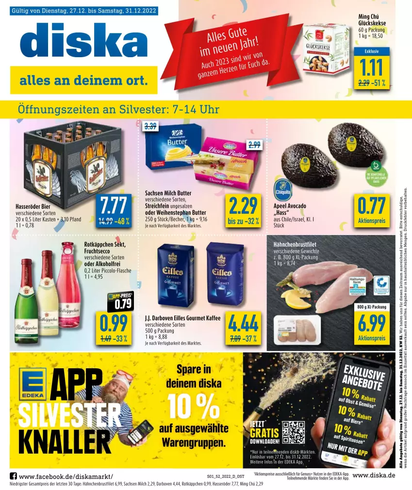 Aktueller Prospekt Diska - Prospekte - von 27.12 bis 31.12.2022 - strona 1 - produkty: aktionspreis, alkohol, angebot, angebote, avocado, Becher, bier, brustfilet, butter, darbo, darboven, deka, ecco, eilles gourmet, eis, filet, flasche, frucht, fruchtsecco, hähnchenbrust, hähnchenbrustfilet, hasseröder, kaffee, keks, kekse, milch, nuss, reis, rotkäppchen, sac, salz, sekt, Ti, weihenstephan, ZTE