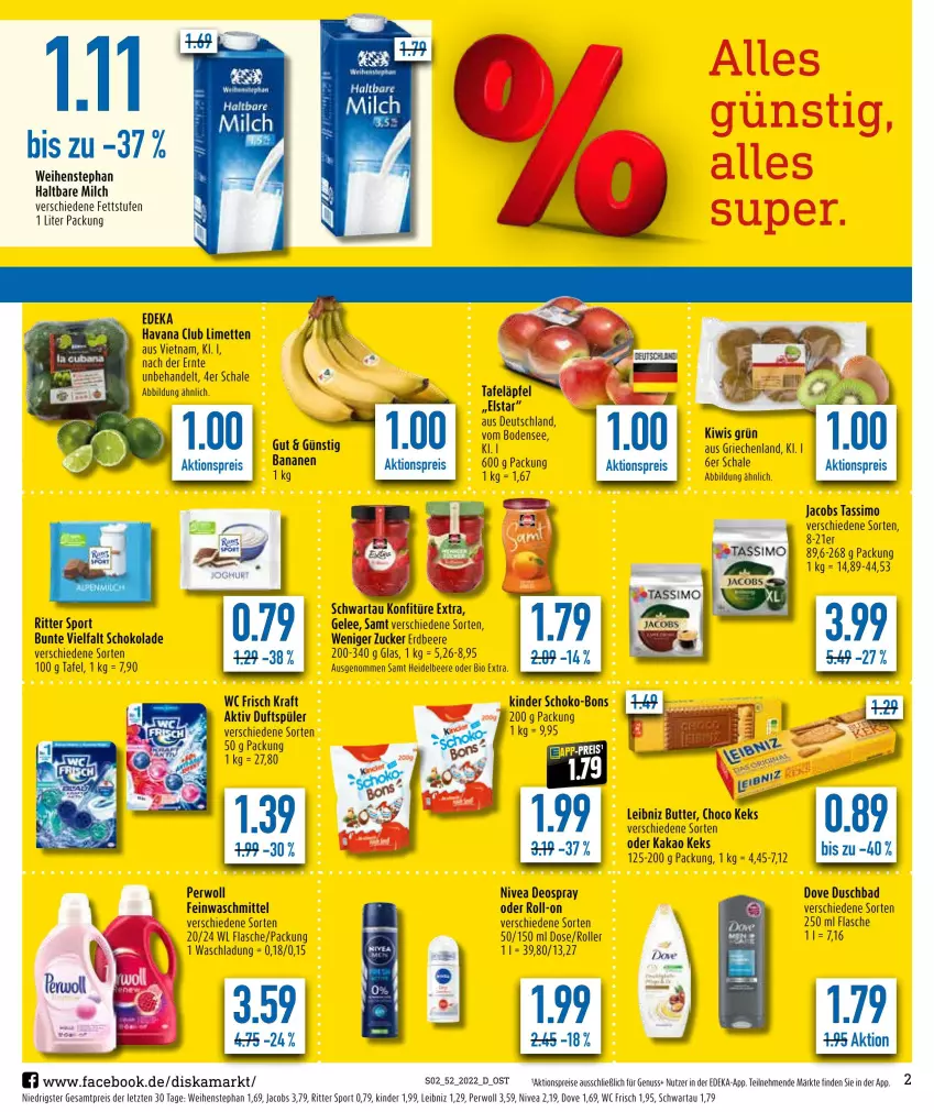 Aktueller Prospekt Diska - Prospekte - von 27.12 bis 31.12.2022 - strona 2 - produkty: aktionspreis, Bad, banane, bananen, beere, bio, butter, deka, deo, deospray, dove, duschbad, eis, erdbeere, feinwaschmittel, flasche, gelee, haltbare milch, heidelbeere, jacobs, jacobs tassimo, kakao, keks, Kinder, kiwi, konfitüre, konfitüre extra, kraft, leibniz, limette, limetten, Mett, metten, milch, nivea, nuss, perwoll, reis, ritter, ritter sport, roll-on, Roller, Schal, Schale, schoko, schokolade, Schwartau, sim, Sport, tafeläpfel, tassimo, Ti, waschmittel, wc frisch, WC Frisch Kraft Aktiv, weihenstephan, ZTE, zucker