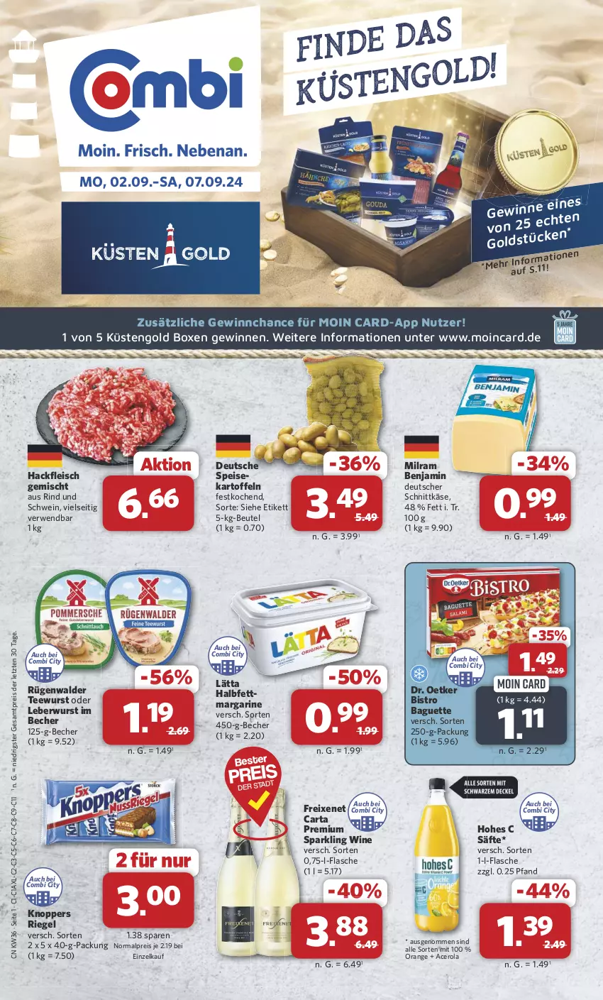 Aktueller Prospekt Combi - Prospekte - von 02.09 bis 07.09.2024 - strona 1 - produkty: acer, baguette, Becher, beutel, Bistro Baguette, deutscher schnittkäse, Dr. Oetker, eis, flasche, fleisch, freixenet, hackfleisch, hackfleisch gemischt, halbfettmargarine, Hohes C, kartoffel, kartoffeln, Käse, knoppers, küstengold, lätta, leberwurst, margarine, milram, orange, reis, riegel, rind, rügenwalder, rwe, säfte, schnittkäse, schwein, speisekartoffeln, tee, teewurst, Ti, wein, wurst, ZTE