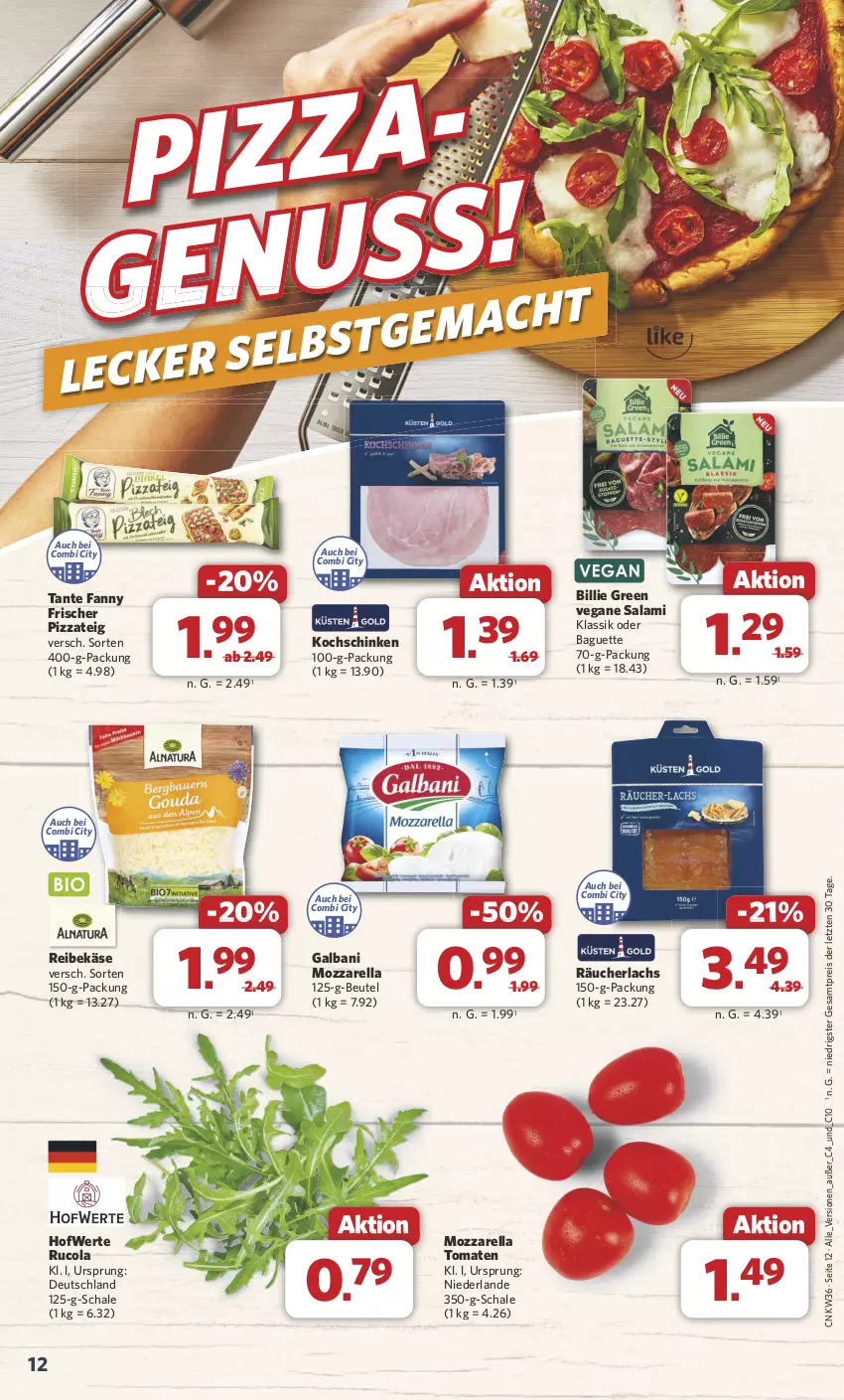 Aktueller Prospekt Combi - Prospekte - von 02.09 bis 07.09.2024 - strona 12 - produkty: baguette, beutel, cola, eis, galbani, Käse, kochschinken, lachs, mac, mozzarella, pizza, Pizzateig, Räucherlachs, Reibekäse, reis, rel, rucola, salami, Schal, Schale, schinken, tante fanny, Ti, tomate, tomaten, ZTE