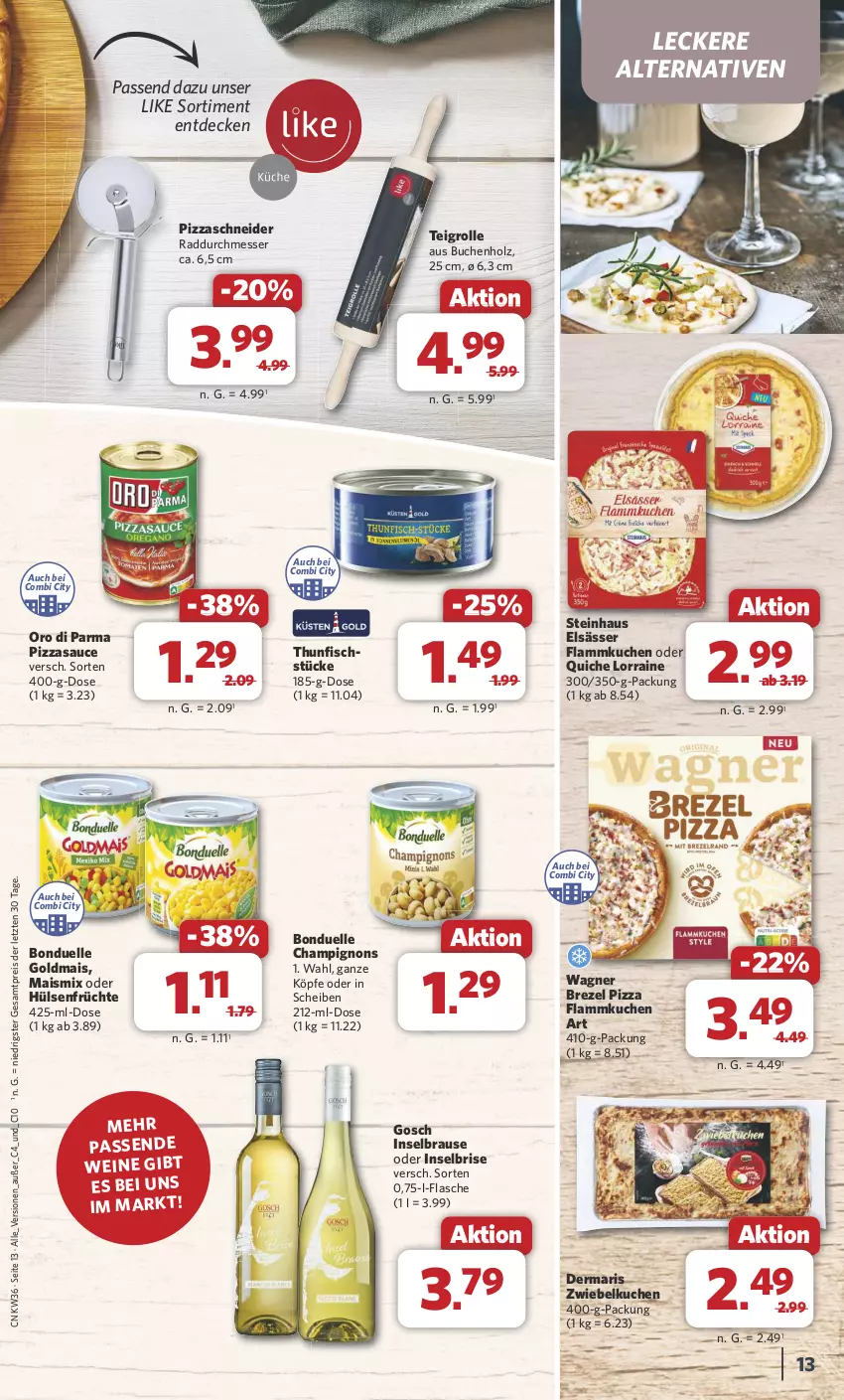 Aktueller Prospekt Combi - Prospekte - von 02.09 bis 07.09.2024 - strona 13 - produkty: bonduelle, bonduelle goldmais, brause, brezel, buch, champignon, champignons, decke, eis, elle, fisch, flammkuchen, flasche, früchte, Goldmais, Holz, hülsenfrüchte, kuchen, lamm, mais, messer, oro di parma, pizza, Quiche, reis, sauce, senf, steinhaus, Teigrolle, thunfisch, Ti, wagner, wein, weine, ZTE, zwiebel