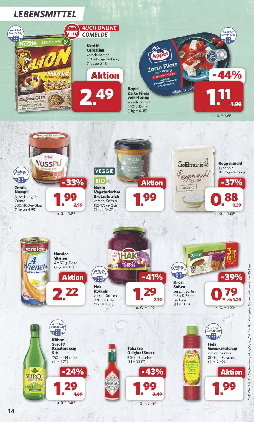 Aktueller Prospekt Combi - Prospekte - von 02.09 bis 07.09.2024 - strona 14 - produkty: aufstrich, bio, brot, brotaufstrich, cerealien, creme, eis, essig, filet, filets, flasche, gewürz, gewürzketchup, gin, Hela, hering, ketchup, knorr, kräuter, Kühne, lebensmittel, mehl, nestlé, Nougatcreme, nuss, nusspli, reis, ring, rotkohl, sauce, Soße, tabasco, Ti, Vegeta, veggie, wiener, zentis, ZTE