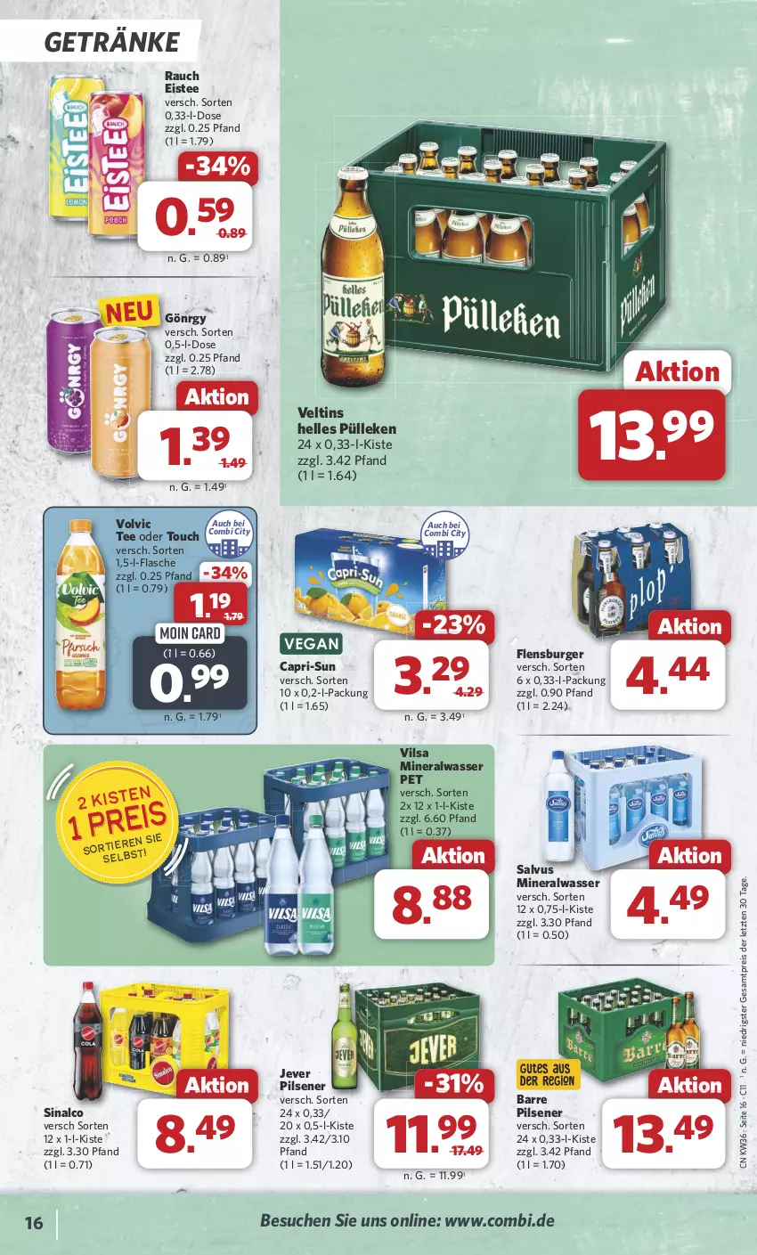 Aktueller Prospekt Combi - Prospekte - von 02.09 bis 07.09.2024 - strona 16 - produkty: Alwa, burger, Cap, capri-sun, eis, eistee, elle, flasche, flensburger, getränk, getränke, jever, jever pilsener, mineralwasser, pils, pilsener, Rauch, reis, sinalco, tee, Ti, veltins, vilsa, volvic, wasser, ZTE