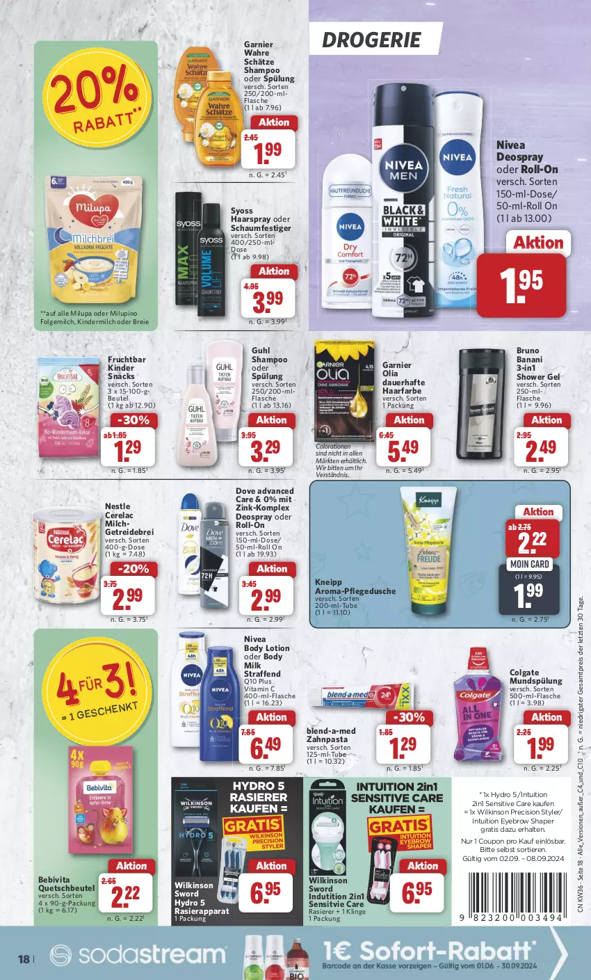 Aktueller Prospekt Combi - Prospekte - von 02.09 bis 07.09.2024 - strona 18 - produkty: auer, bebivita, beutel, blend-a-med, body, body lotion, body milk, Brei, bruno banani, colgate, Colorationen, coupon, deo, deospray, dove, dusche, eis, flasche, folgemilch, frucht, garnier, Guhl, haarspray, Kinder, kindermilch, kneipp, LG, Lotion, milch, milupa, mundspülung, nivea, oder schaumfestiger, pasta, pflegedusche, Q10, quetschbeutel, rasierapparat, rasierer, reis, rel, roll-on, schaumfestiger, shampoo, shampoo oder spülung, snack, snacks, spülung, syoss, Ti, Tiere, vita, Vitamin C, Wahre Schätze, wilkinson, Yo, zahnpasta, ZTE