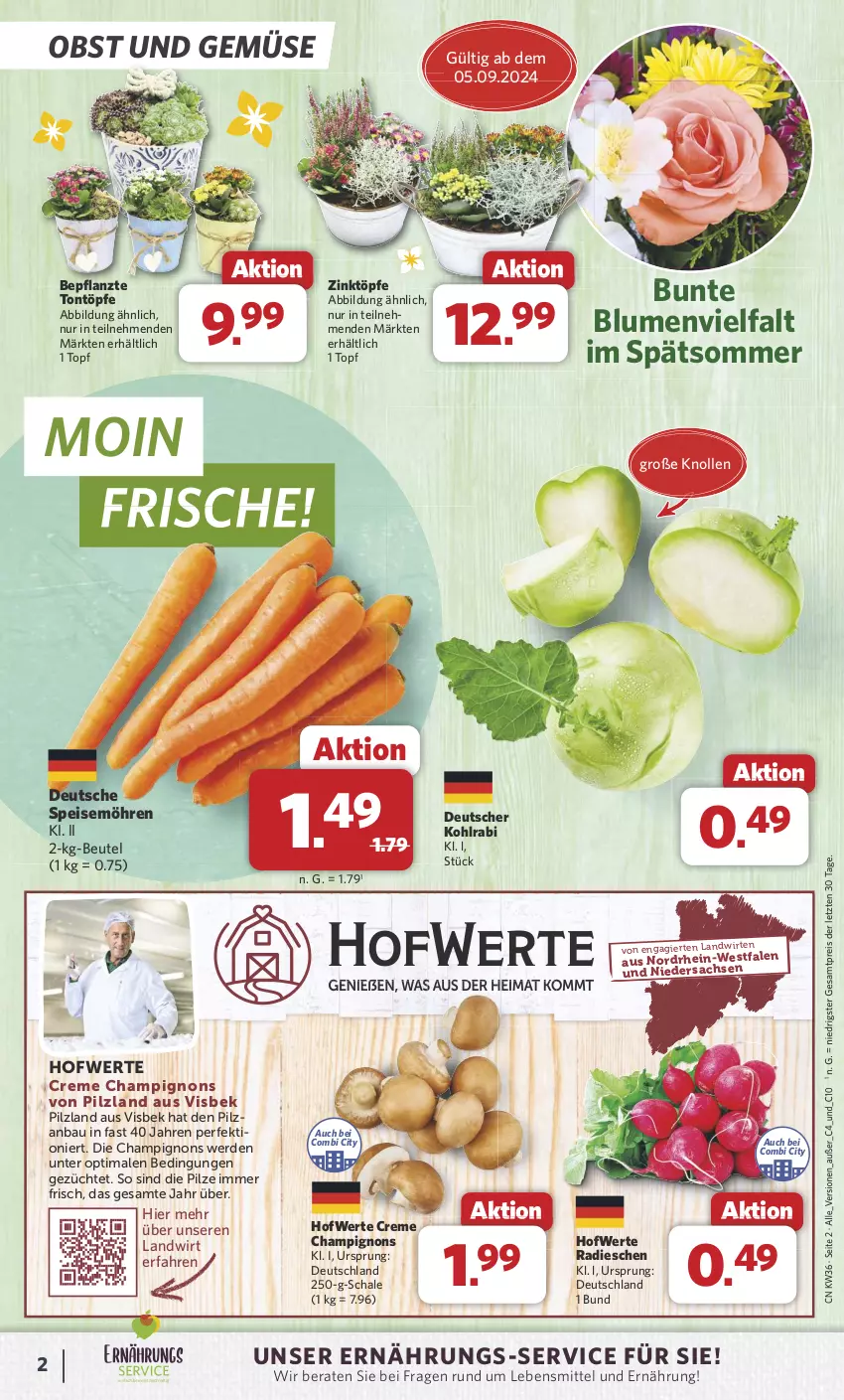 Aktueller Prospekt Combi - Prospekte - von 02.09 bis 07.09.2024 - strona 2 - produkty: Bau, beutel, blume, blumen, champignon, champignons, creme, eis, erde, kohlrabi, lebensmittel, möhren, obst, Obst und Gemüse, pilze, radieschen, reis, sac, Schal, Schale, speisemöhren, Ti, topf, und gemüse, ZTE