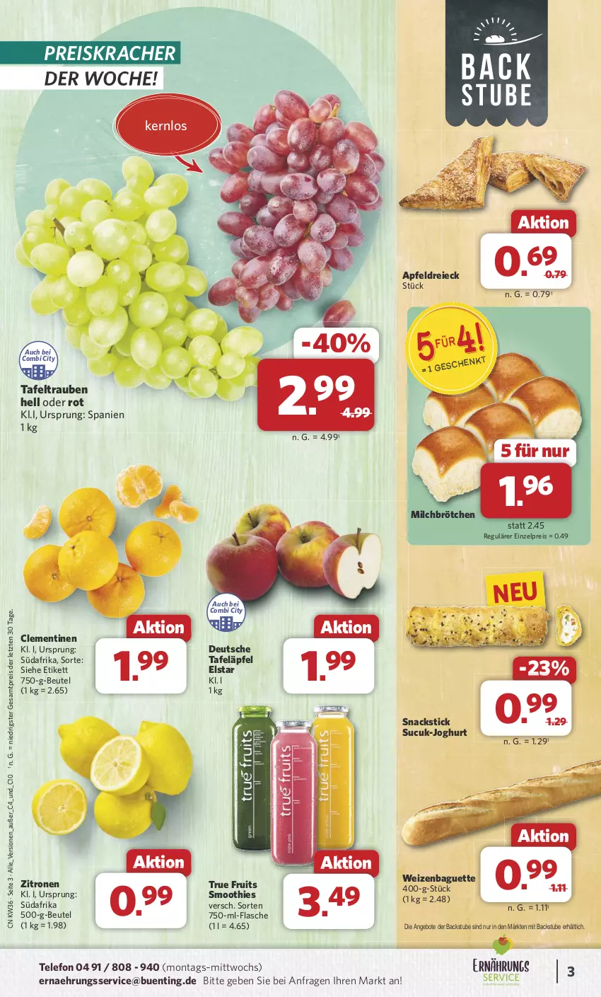 Aktueller Prospekt Combi - Prospekte - von 02.09 bis 07.09.2024 - strona 3 - produkty: angebot, angebote, apfel, baguette, beutel, brötchen, clementinen, eis, flasche, joghur, joghurt, kracher, milch, Milchbrötchen, reis, smoothie, smoothies, snack, snacks, stube, Sucuk, tafeläpfel, tafeltrauben, telefon, Ti, trauben, true fruits, zitrone, zitronen, ZTE