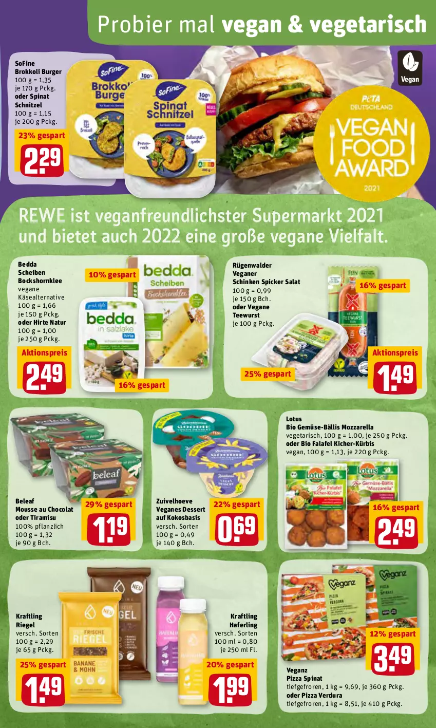 Aktueller Prospekt Rewe - Diese Woche im Angebot! - von 14.03 bis 19.03.2022 - strona 11 - produkty: aktionspreis, bier, bio, bio gemüse, brokkoli, burger, cola, dessert, eis, Falafel, hafer, Käse, kokos, kraft, Kürbis, mousse, Mousse au Chocolat, mozzarella, natur, pizza, reis, rel, riegel, rügenwalder, salat, schinken, schinken spicker, schnitzel, spinat, tee, teewurst, Ti, tiramisu, Vegeta, wurst