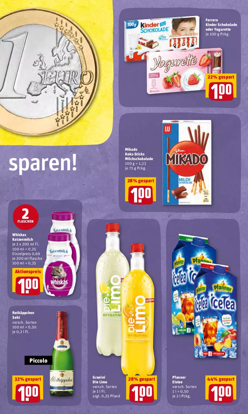 Aktueller Prospekt Rewe - Diese Woche im Angebot! - von 14.03 bis 19.03.2022 - strona 13 - produkty: aktionspreis, eis, eistee, ferrero, flasche, granini, granini die limo, katzenmilch, keks, Kinder, kinder schokolade, limo, mikado, milch, oder yogurette, pfanne, Pfanner, reis, rotkäppchen, schoko, schokolade, sekt, tee, Ti, whiskas, Yo, yogurette