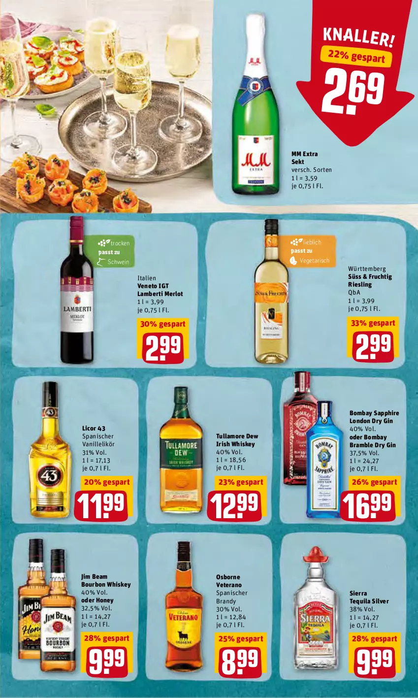 Aktueller Prospekt Rewe - Diese Woche im Angebot! - von 14.03 bis 19.03.2022 - strona 21 - produkty: Amber, bombay sapphire, bourbon, bourbon whiskey, dry gin, frucht, gin, irish whiskey, jim beam, licor, licor 43, likör, london dry, london dry gin, merl, merlot, mm extra, osborne, riesling, sapphire, schwein, sekt, Sierra, sierra tequila, tequila, Ti, tullamore, tullamore dew, vanille, Vegeta, veterano, wein, whiskey