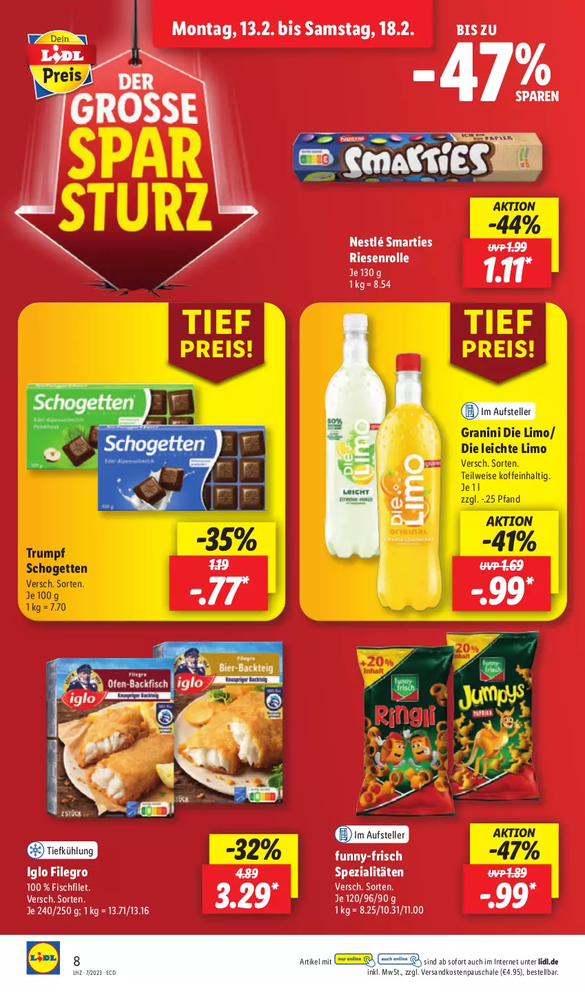 Aktueller Prospekt Lidl - Aktionsprospekt - von 13.02 bis 18.02.2023 - strona 10 - produkty: eis, elle, filegro, filet, fisch, funny-frisch, granini, granini die limo, iglo, limo, ndk, nestlé, reis, rum, Schal, Schale, schogetten, smarties, Spezi, teller, Ti